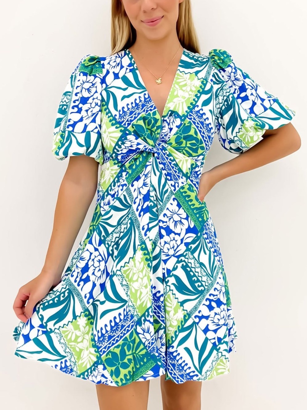 M/L Linen Rayon Blend Floral Tie-Front Flowy Mini Dress Flutter Sleeves Colorful